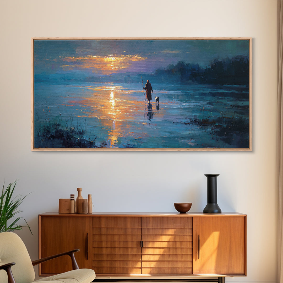 Evening Shepherd Walk - Framed Canvas Print - Christian Wall Art - Jesus Painting - Christian Christmas Art - Christian Art Canvas