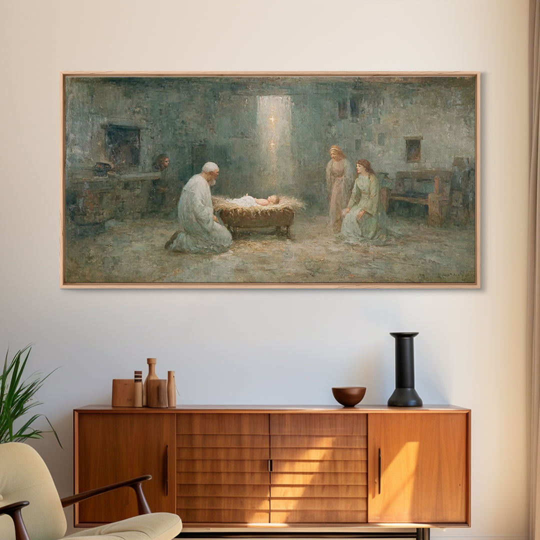 Nativity Reverence, Framed Canvas Print, Christian Paintings, Vintage Christian Art, Christian Wall Art, Christmas Art Framed