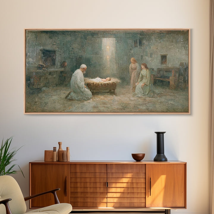 Nativity Reverence, Framed Canvas Print, Christian Paintings, Vintage Christian Art, Christian Wall Art, Christmas Art Framed