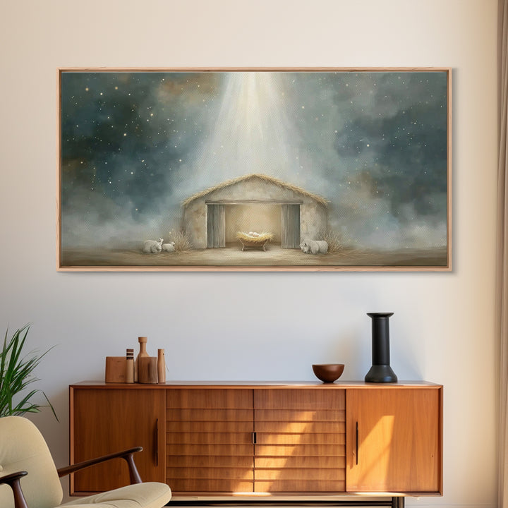Starry Manger Peace – Framed Canvas Print – Christian Art Canvas – Christmas Art Prints – Christian Christmas Decor – Modern Christian Art