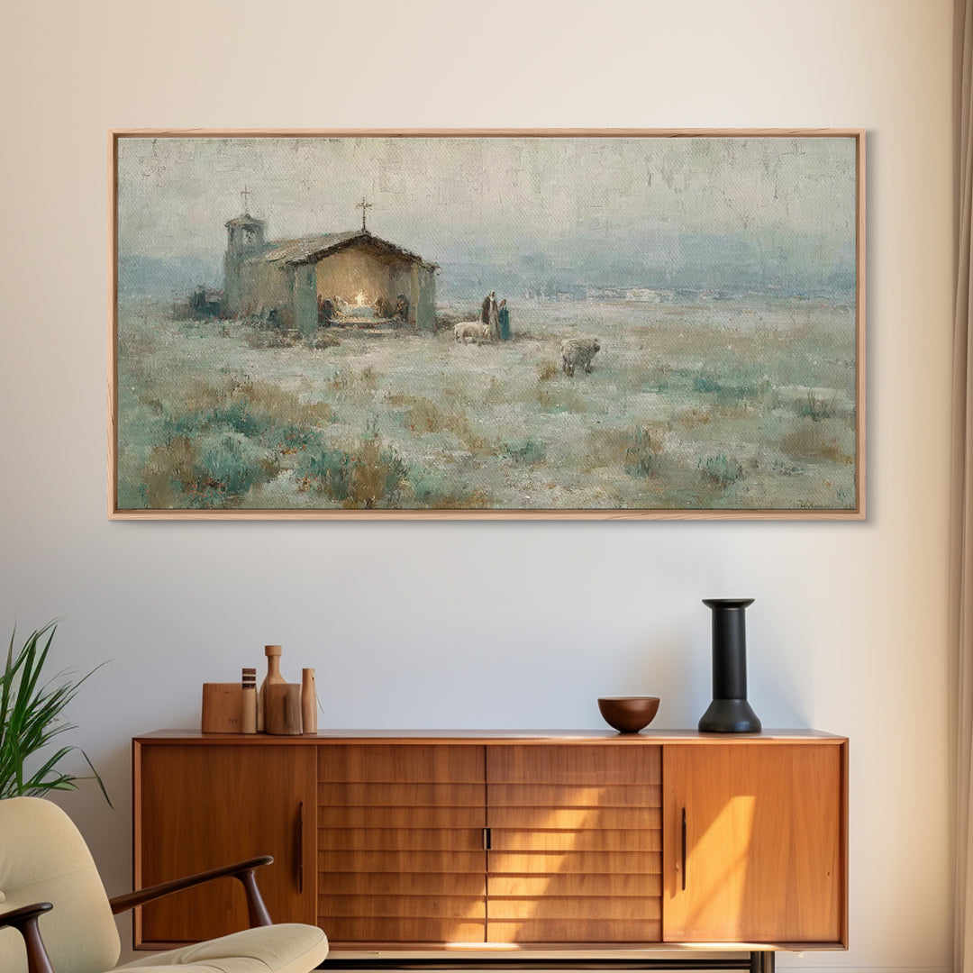 Humble Shelter – Framed Canvas Print – Christian Christmas Art – Christian Wall Art – Christmas Art – Christian Art Canvas – Christian Deco