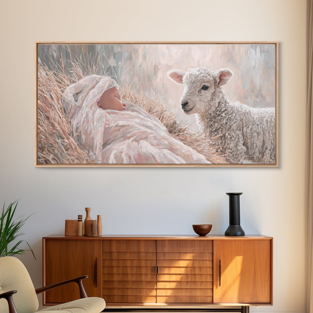 Lamb and Child – Framed Canvas Print – Jesus Painting – Christian Wall Art – Christian Art Canvas – Christian Christmas Art – Christian Dec
