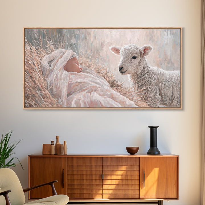 Lamb and Child – Framed Canvas Print – Jesus Painting – Christian Wall Art – Christian Art Canvas – Christian Christmas Art – Christian Dec