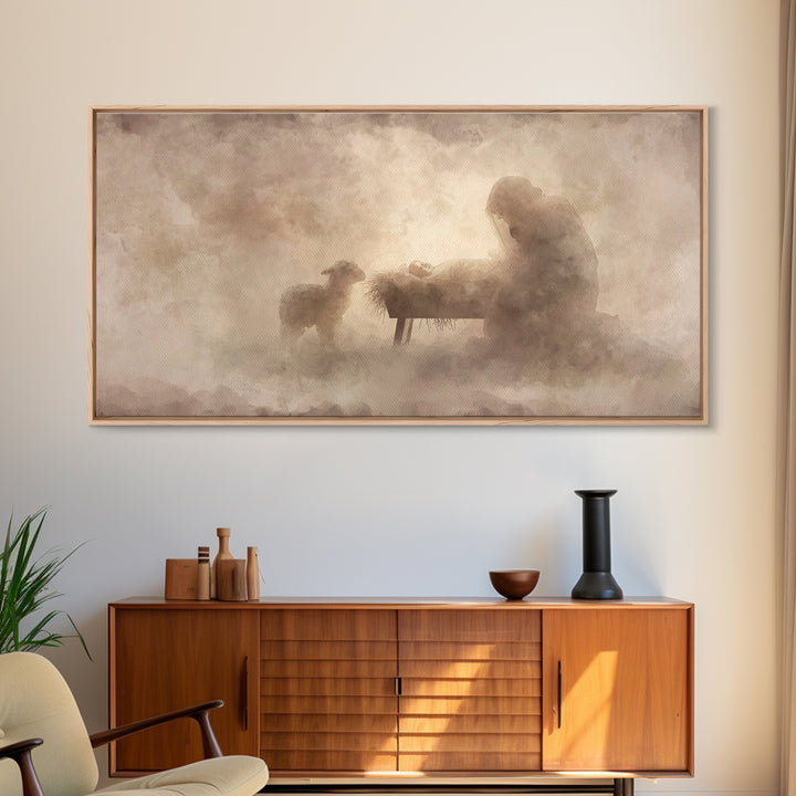 Holy Night Serenity, Framed Canvas Print, Christian Wall Art, Christian Art Canvas, Jesus Painting, Christian Christmas Art