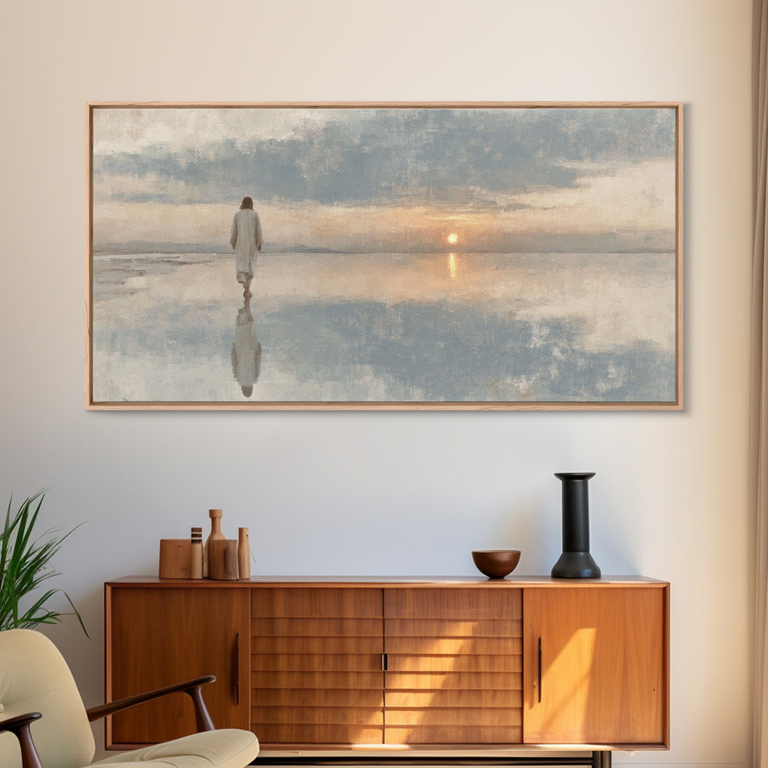 Silent Footsteps – Framed Canvas Print | Christian Art Print | Christian Wall Art | Minimalist Christian Art | Jesus Painting | Christian D