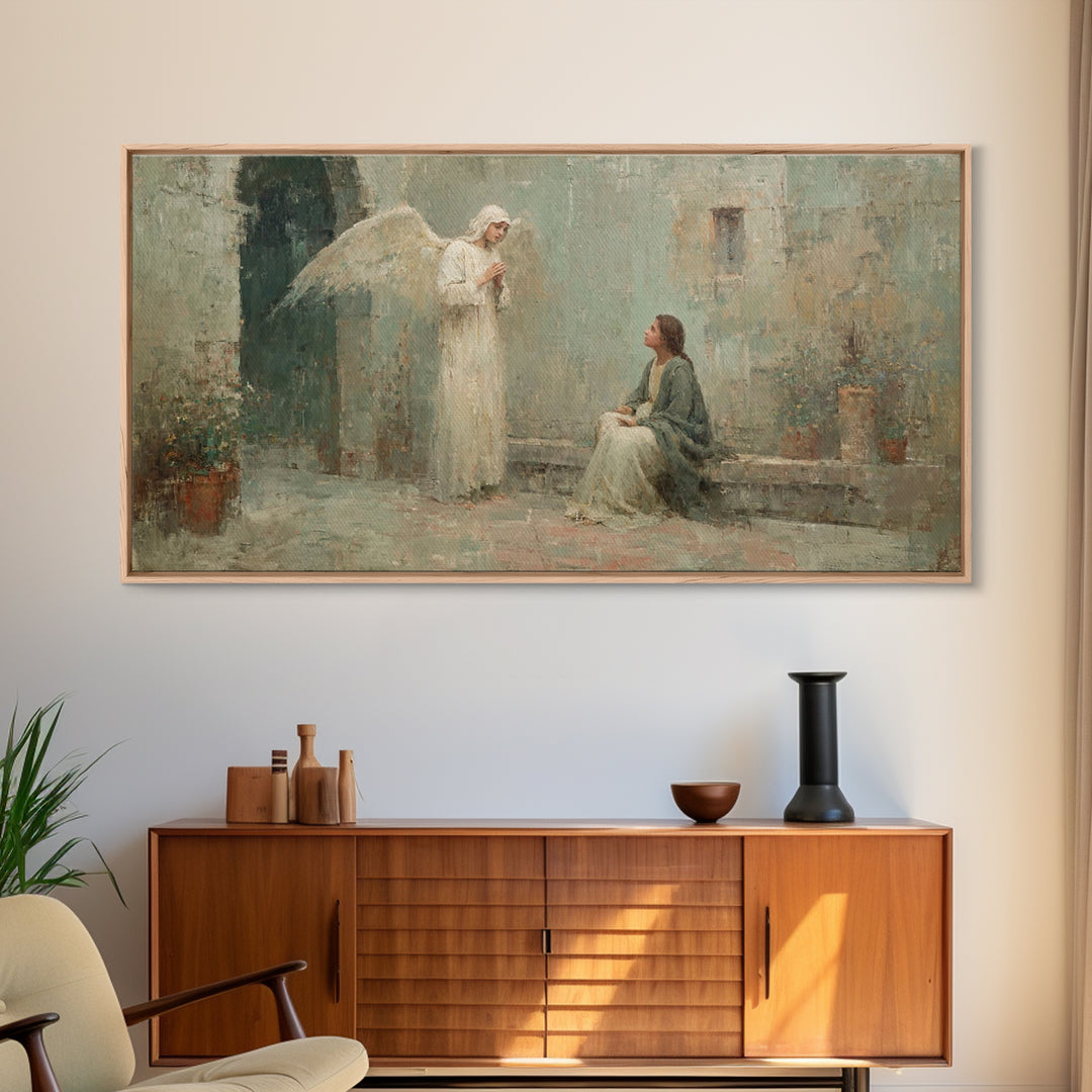 Courtyard Angel – Framed Canvas Print – Christian Art Canvas – Vintage Christian Art – Christian Wall Art – Christian Christmas Art