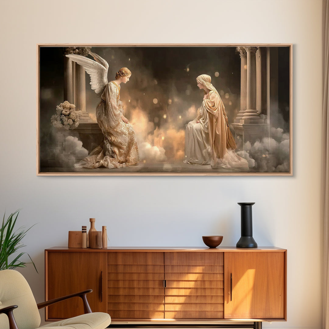 Golden Annunciation, Framed Canvas Print, Christian Wall Art, Jesus Painting, Christian Art Canvas, Christian Christmas Art, Christian Deco