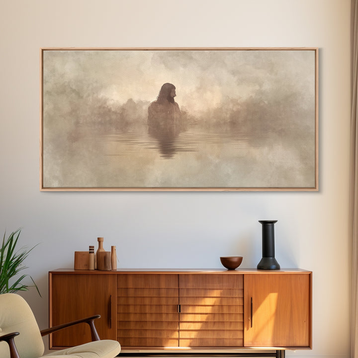 Solitude In Mist – Framed Canvas Print – Christian Art Print – Minimalist Christian Art – Jesus Painting – Christian Wall Art – Modern Chri