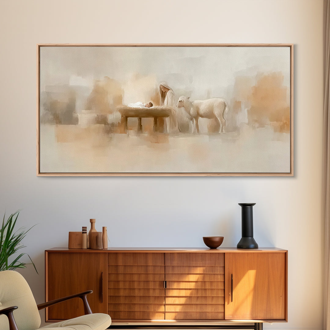 Gentle Manger Grace | Framed Canvas Print | Christian Art Canvas | Christian Wall Art | Birth Of Jesus Painting | Christmas Art | Christian