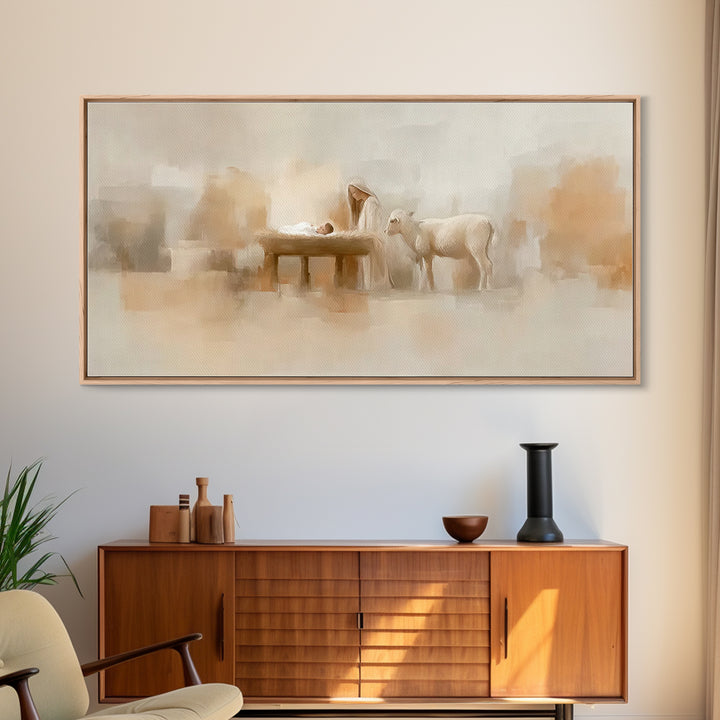 Gentle Manger Grace | Framed Canvas Print | Christian Art Canvas | Christian Wall Art | Birth Of Jesus Painting | Christmas Art | Christian