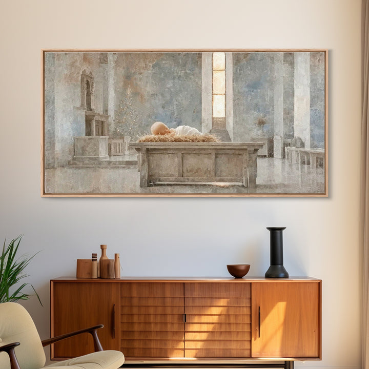 Sanctuary Manger Stillness | Framed Canvas Print | Christian Wall Art | Christian Art Canvas | Christian Christmas Art | Christmas Wall Art