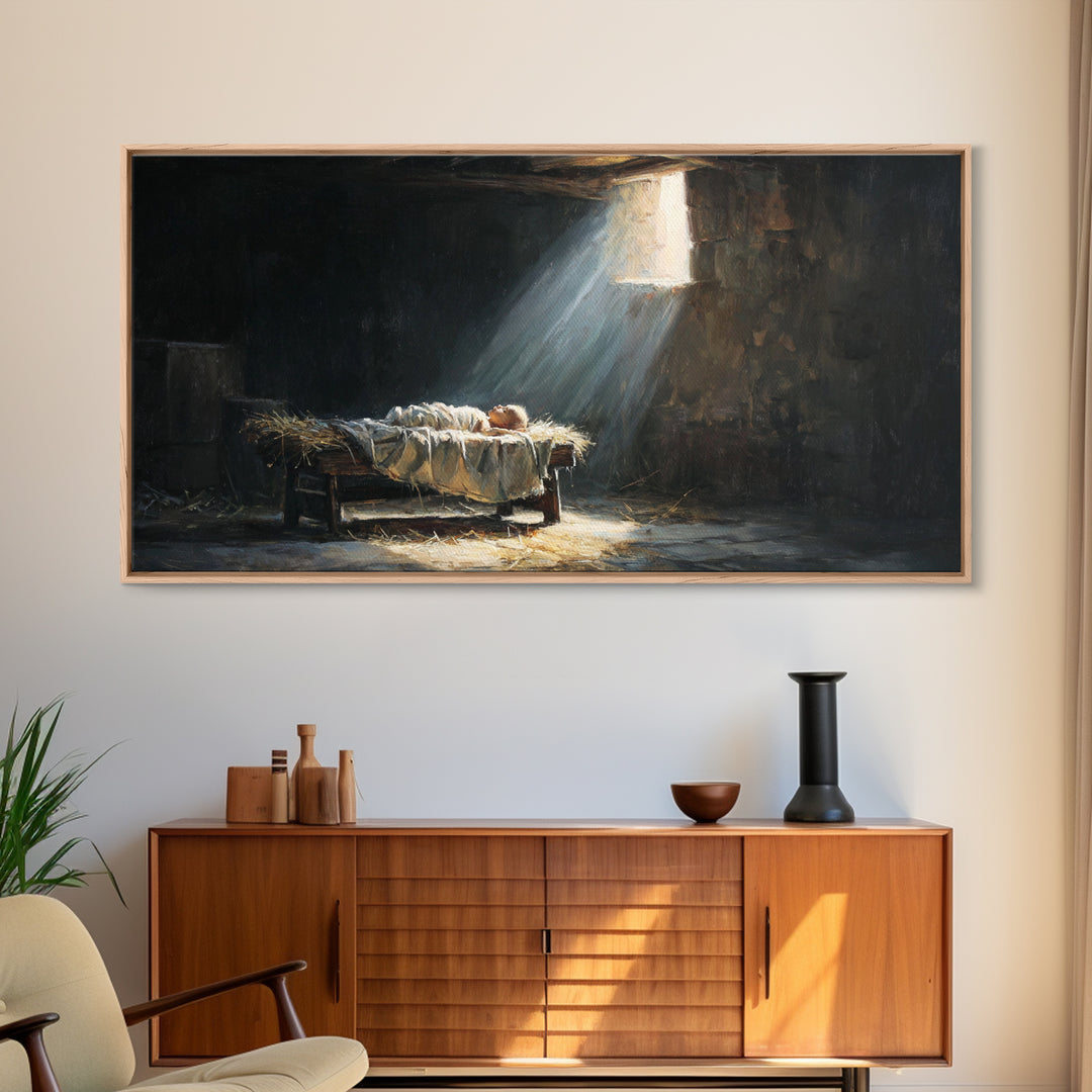 Manger Light Dawn | Framed Canvas Print | Christian Christmas Art | Christian Art Canvas | Christian Wall Art | Birth Of Jesus Painting | C
