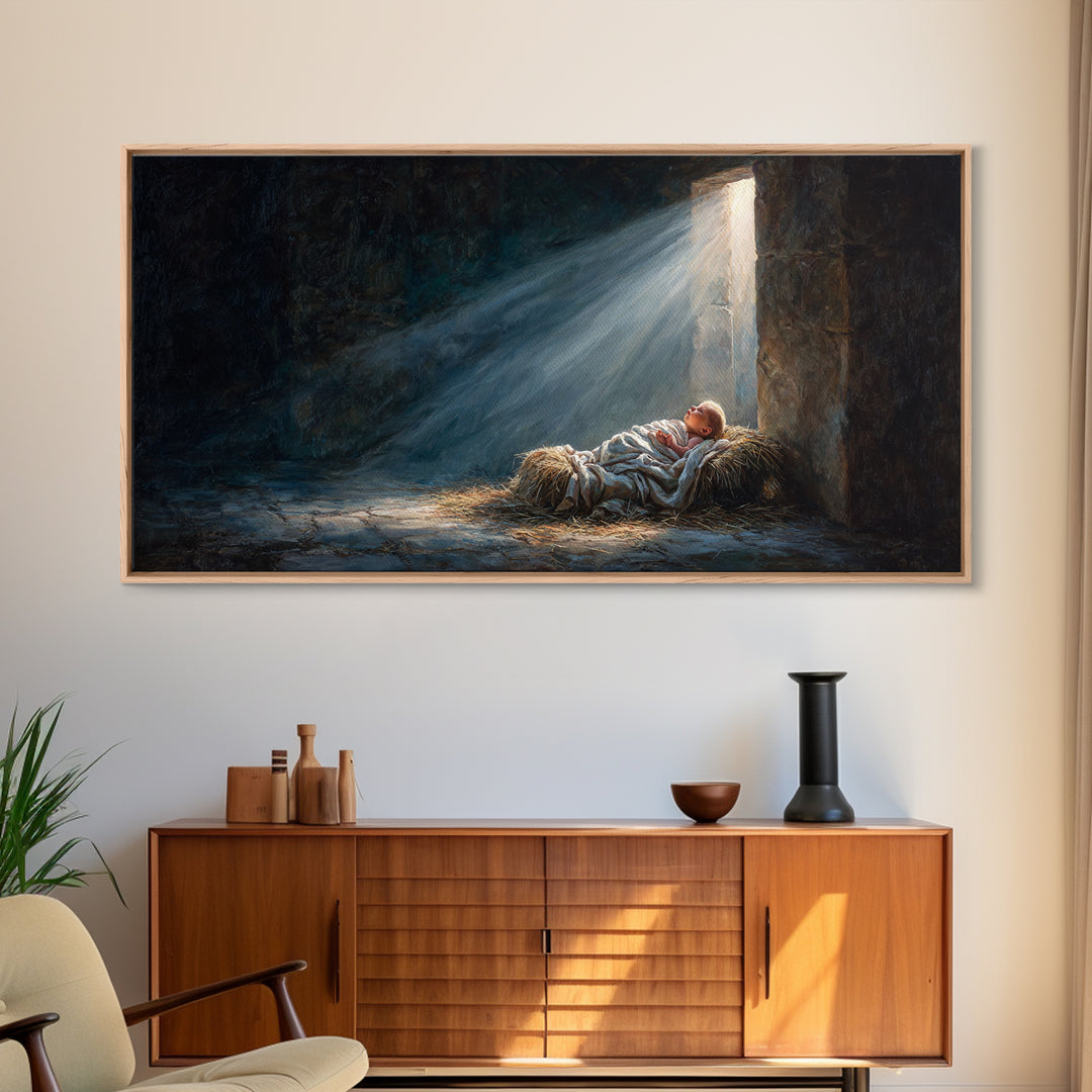 Manger Light Peace – Framed Canvas Print – Christian Art Canvas – Christmas Wall Art – Jesus Painting – Christian Christmas Art – Christian