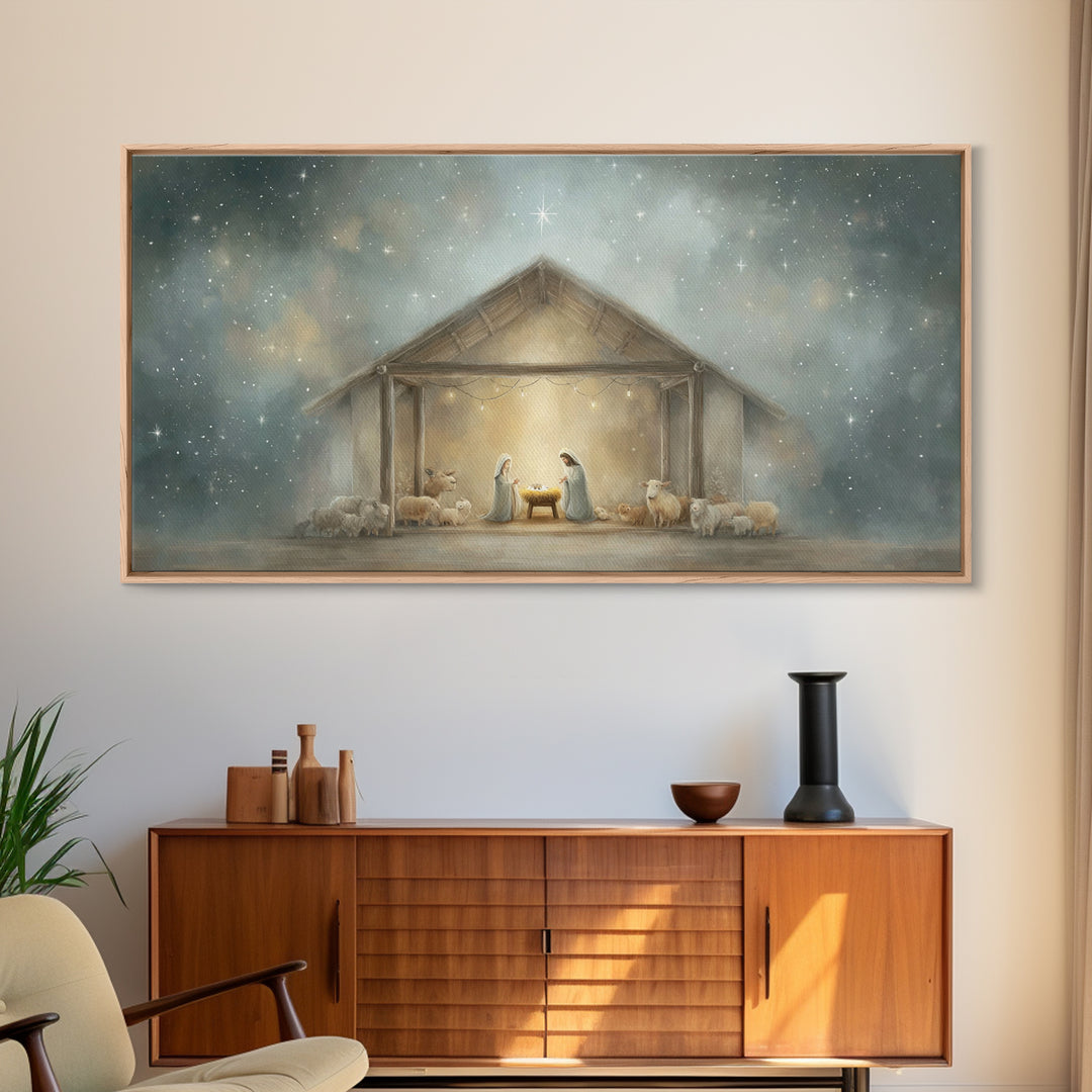 Holy Night Shelter – Framed Canvas Print – Christian Christmas Art – Framed Christmas Wall Art – Christian Art Canvas – Christmas Art Work