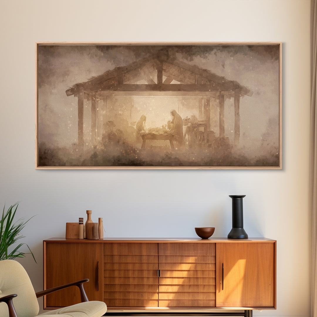 Nativity Glow – Framed Canvas Print – Christian Wall Art – Christmas Canvas Wall Art – Christian Art Print – Vintage Christmas Art – Christ