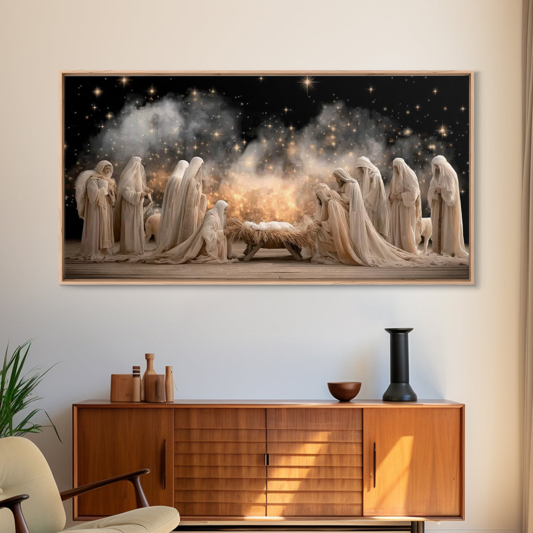 Angelic Midnight Glow – Framed Canvas Print – Christian Art Canvas – Jesus Painting – Christmas Art – Christian Christmas – Christian Decor
