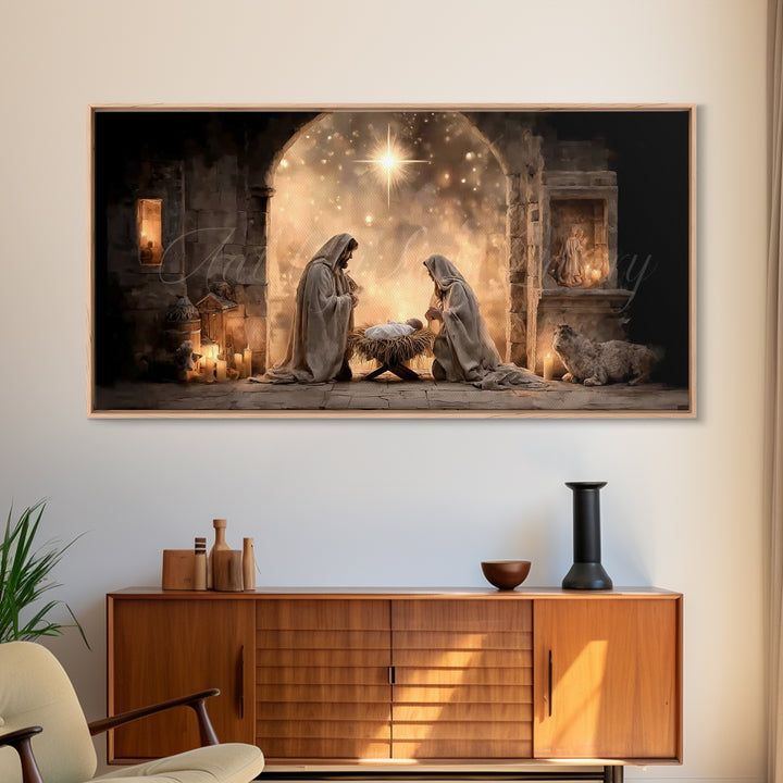 Radiant Manger Hope – Framed Canvas Print – Christian Christmas Art – Christian Art Canvas – Jesus Painting – Framed Christmas Art – Christ