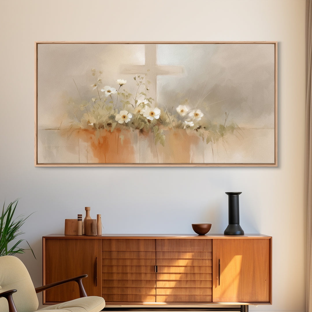 Peaceful Cross Light – Framed Canvas Print – Christian Wall Art – Minimalist Christian Art – Christian Art Print – Subtle Christian Paintin
