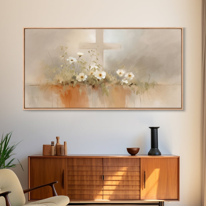 Peaceful Cross Light – Framed Canvas Print – Christian Wall Art – Minimalist Christian Art – Christian Art Print – Subtle Christian Paintin