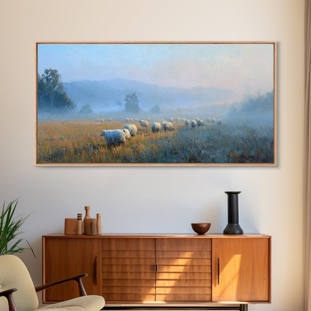 Misty Pastures – Framed Canvas Print – Christian Art – Christian Wall Art – Christian Art Canvas – Christian Art Painting – Large Christian