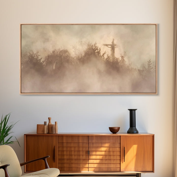 Cross In Mist – Framed Canvas Print – Christian Wall Art – Christian Art Canvas – Christian Art – Moody Christian Art – Christian Christmas