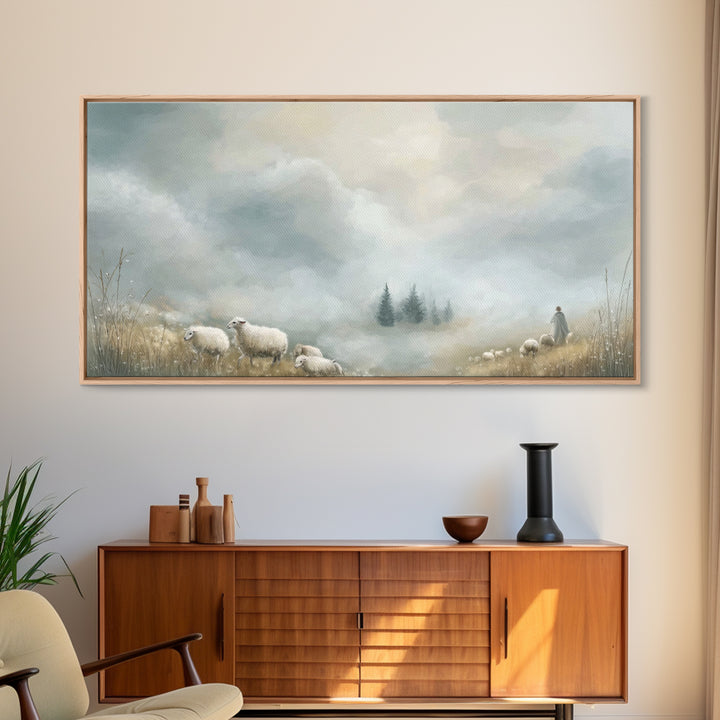 Dawn Meadow Peace, Framed Canvas Print, Christian Art Canvas, Christian Wall Art, Christian Christmas Art, Christian Decor, Jesus Painting