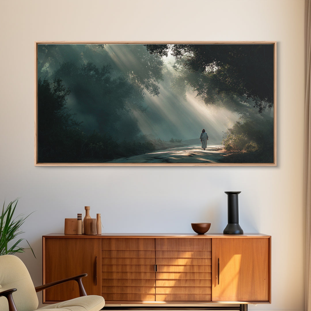 Forest Light Path | Framed Canvas Print | Jesus Painting | Christian Art Canvas | Christian Wall Art | Christian Christmas Art | Christian
