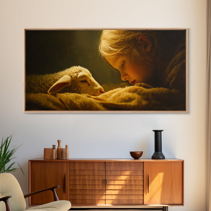 Little Lamb Blessing | Framed Canvas Print | Christian Wall Art | Christian Art Canvas | Christian Christmas Art | Jesus Painting | Christi