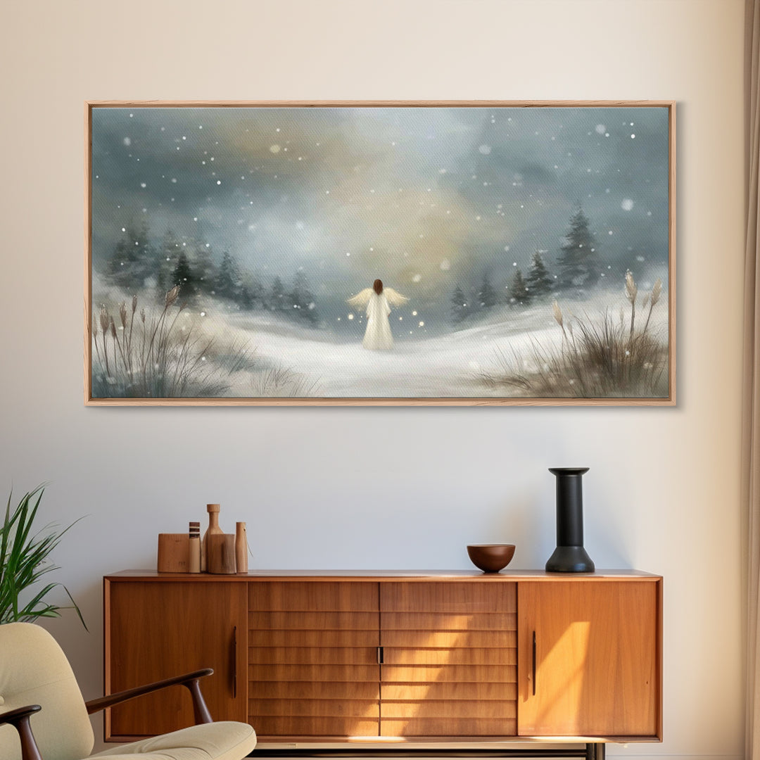 Angel In The Snow, Framed Canvas Print, Christmas Art Prints, Christian Wall Art, Angel Art, Moody Christmas Art