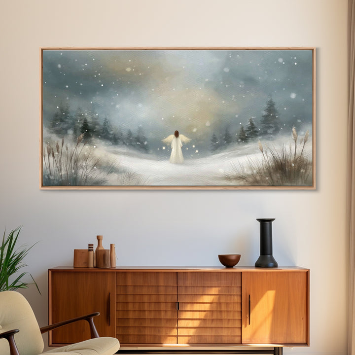 Angel In The Snow, Framed Canvas Print, Christmas Art Prints, Christian Wall Art, Angel Art, Moody Christmas Art