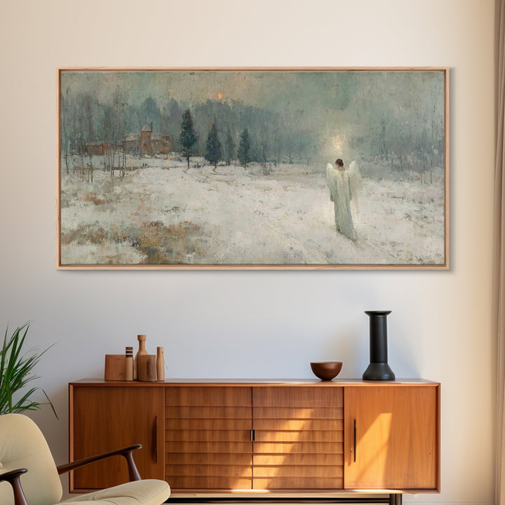 Winter Guardian Light – Framed Canvas Print – Christian Wall Art – Christian Art Canvas – Moody Christmas Art – Christian Christmas Decor –
