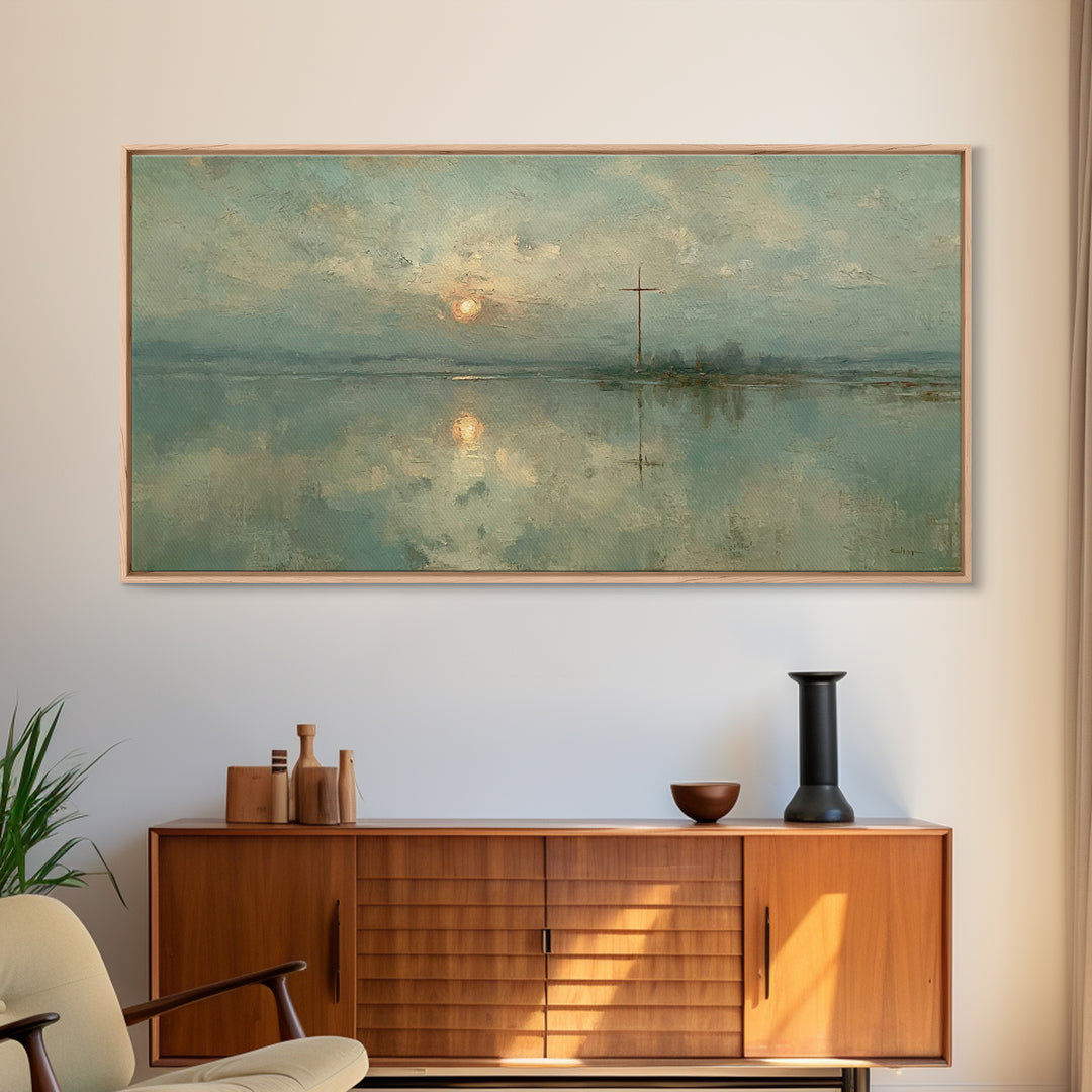 Silent Cross Reflection, Framed Canvas Print, Christian Art Canvas, Moody Christian Art, Christian Wall Art, Christmas Art, Christian Decor