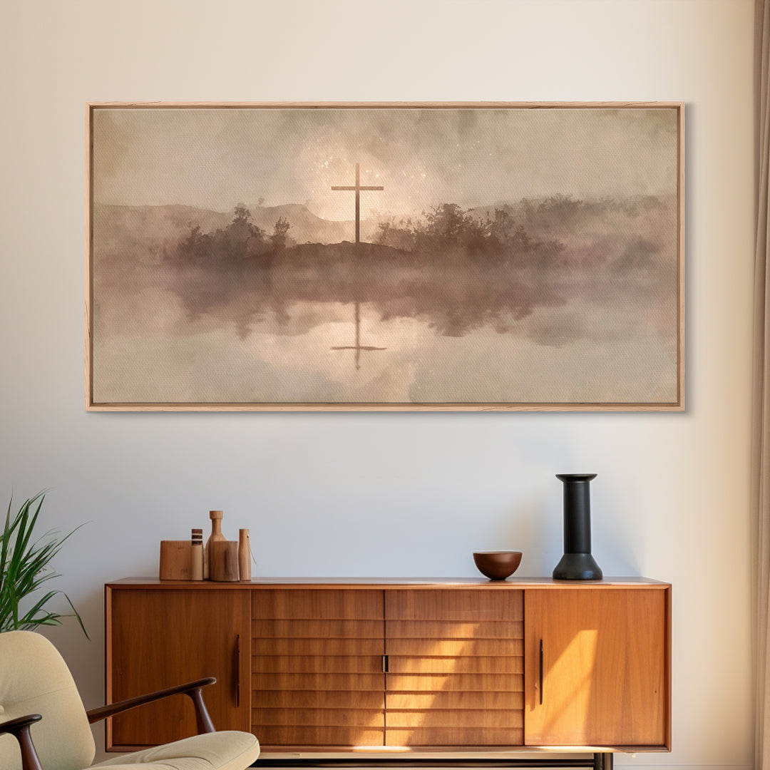 Misty Hill Cross | Framed Canvas Print | Christian Art Canvas | Moody Christian Art | Christian Wall Art | Christmas Art | Christian Decora
