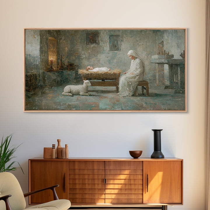Quiet Manger Peace – Framed Canvas Print – Christian Art Canvas – Christian Wall Art – Christmas Art – Mary And Jesus Painting