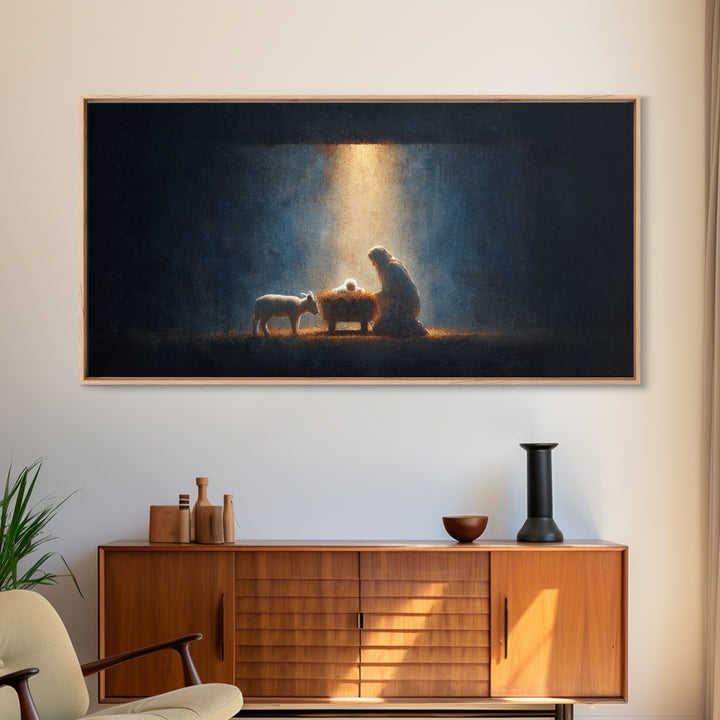 Midnight Manger Glow – Framed Canvas Print – Christian Art Canvas – Christian Wall Art – Jesus Painting – Christmas Art