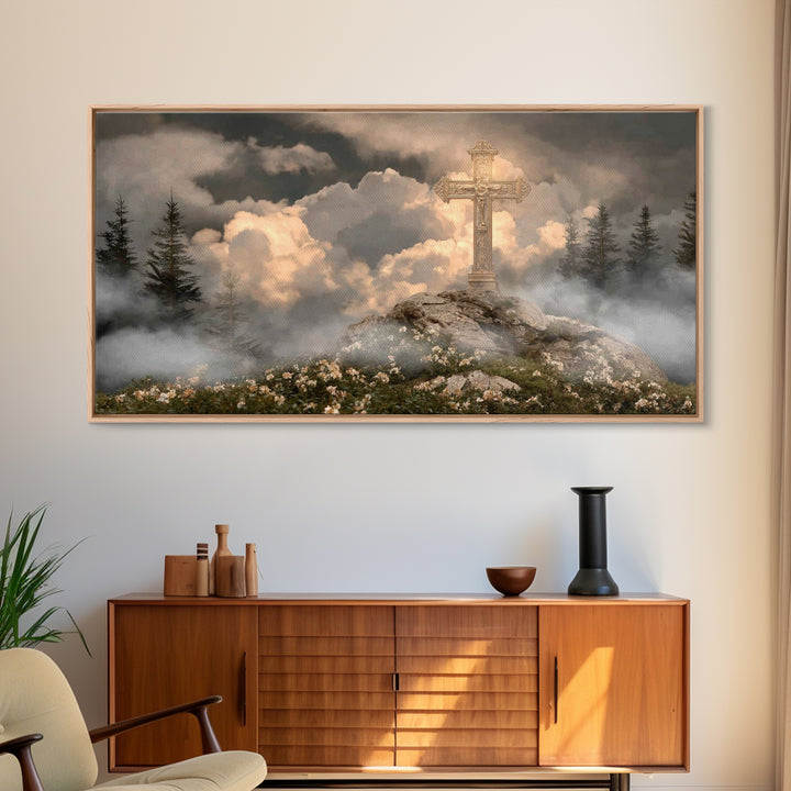 Golden Hill Cross – Framed Canvas Print – Christian Art Canvas – Christian Wall Art – Christian Painting – Large Christian Art