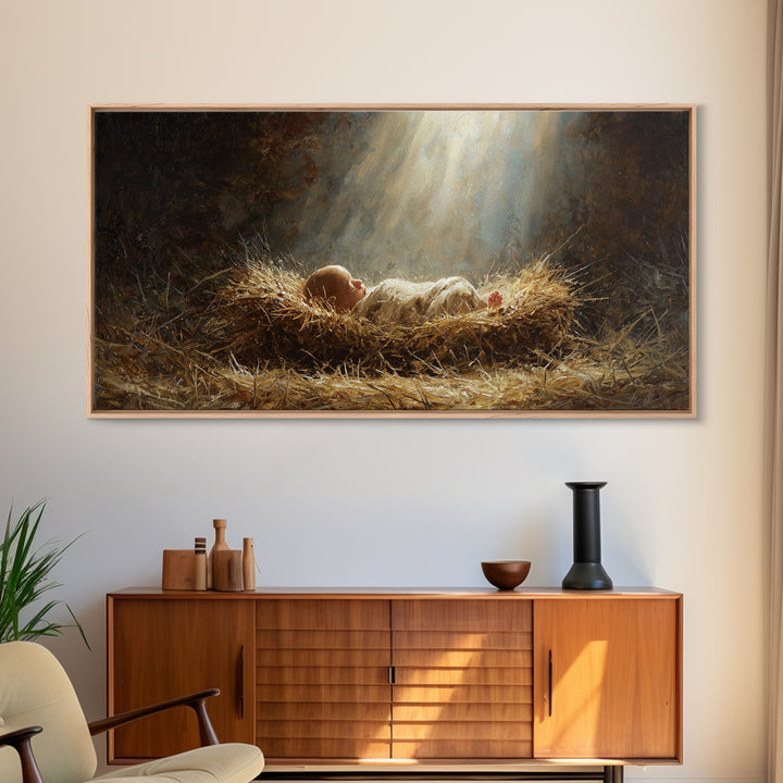 Heavenly Manger Light – Framed Canvas Print – Christian Wall Art – Jesus Painting – Christmas Art – Christian Decor – Christian Christmas A