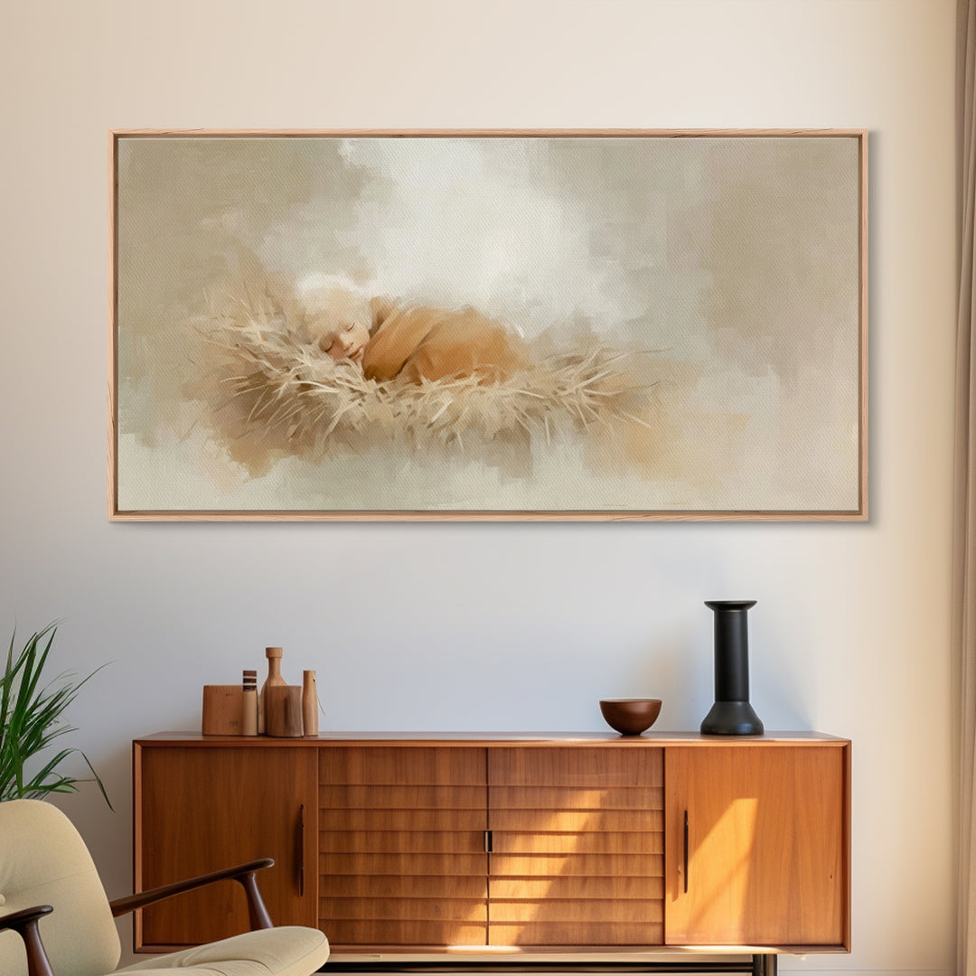 Gentle Nativity Glow – Framed Canvas Print – Christian Christmas Art – Christian Wall Art – Jesus Painting – Christmas Canvas Wall Art – Ch