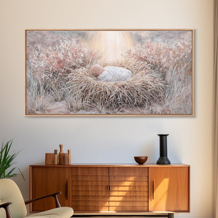 Sacred Straw Cradle – Framed Canvas Print – Christian Art Print – Christmas Art – Christian Wall Art – Jesus Painting – Christian Christmas