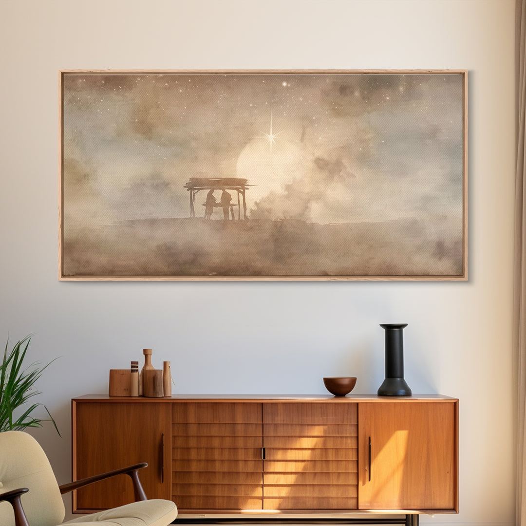 Holy Shelter Night – Framed Canvas Print – Christian Christmas Art – Christian Wall Art – Christmas Art Prints – Jesus Painting – Christian