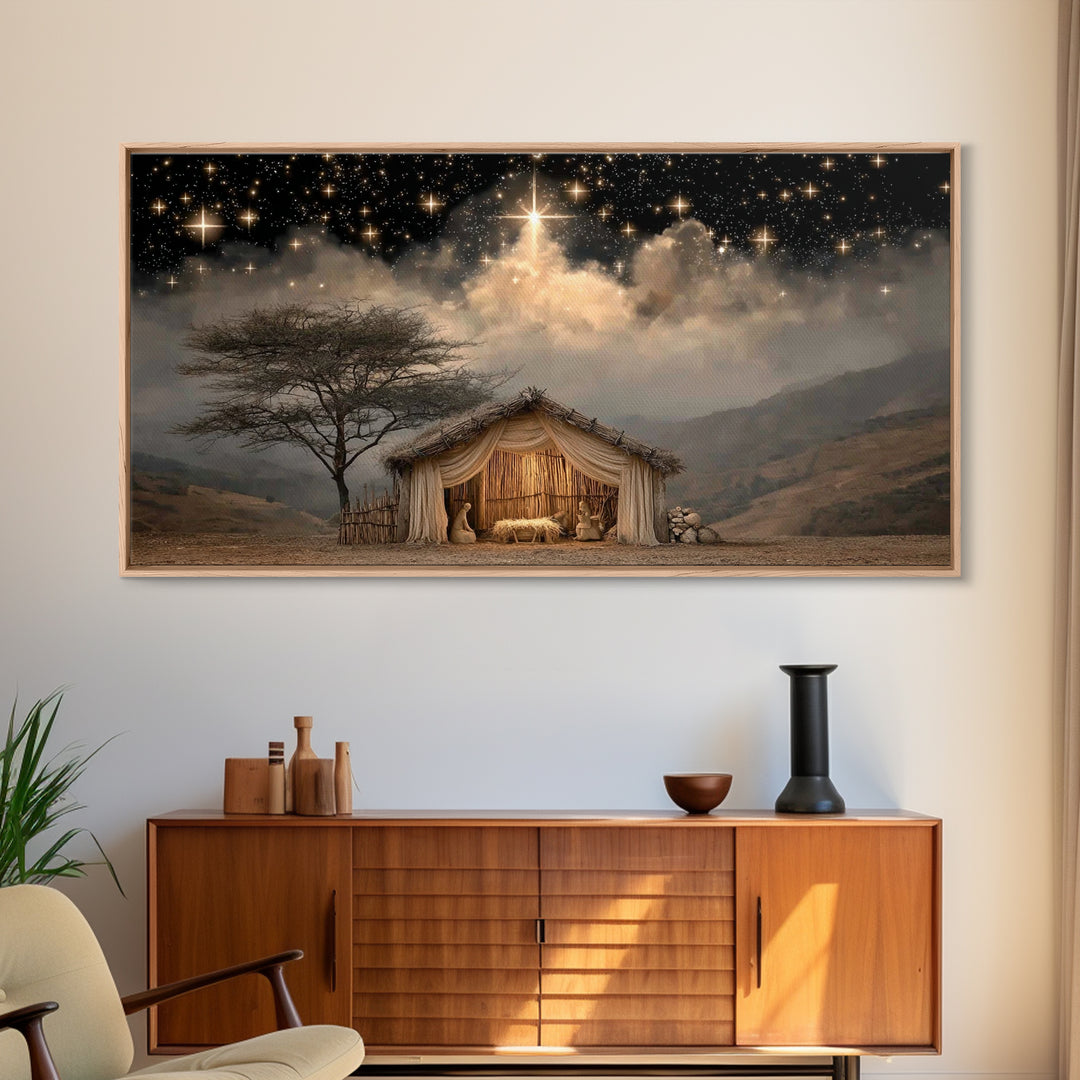 Holy Night Glow, Framed Canvas Print, Christian Christmas Art, Christian Wall Art, Jesus Painting, Christmas Canvas Art