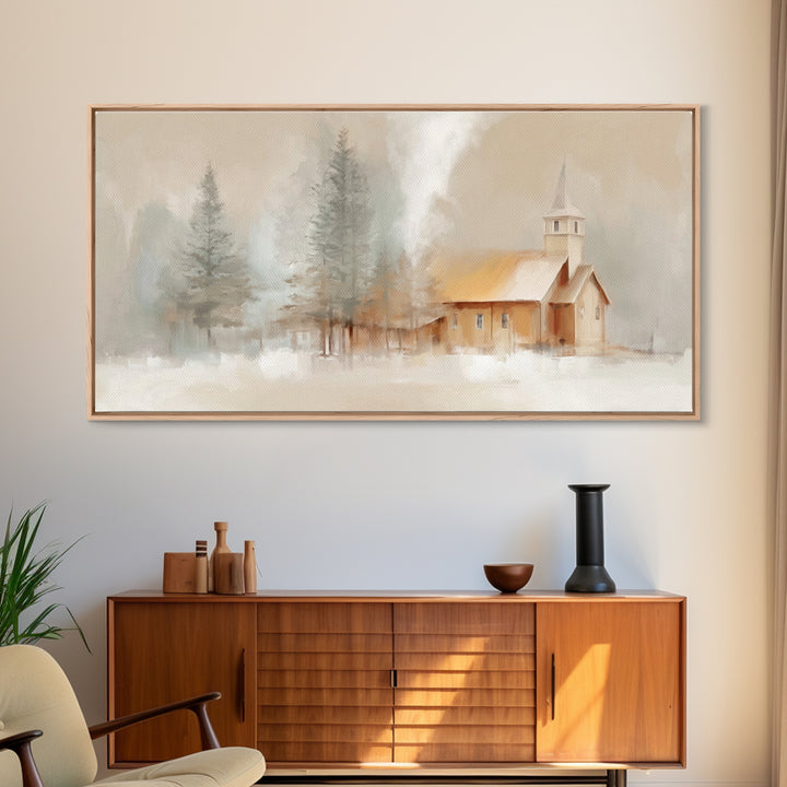 Winter Church Light - Framed Canvas Print - Christian Wall Art - Christmas Art - Christian Art Work - Christian Decor