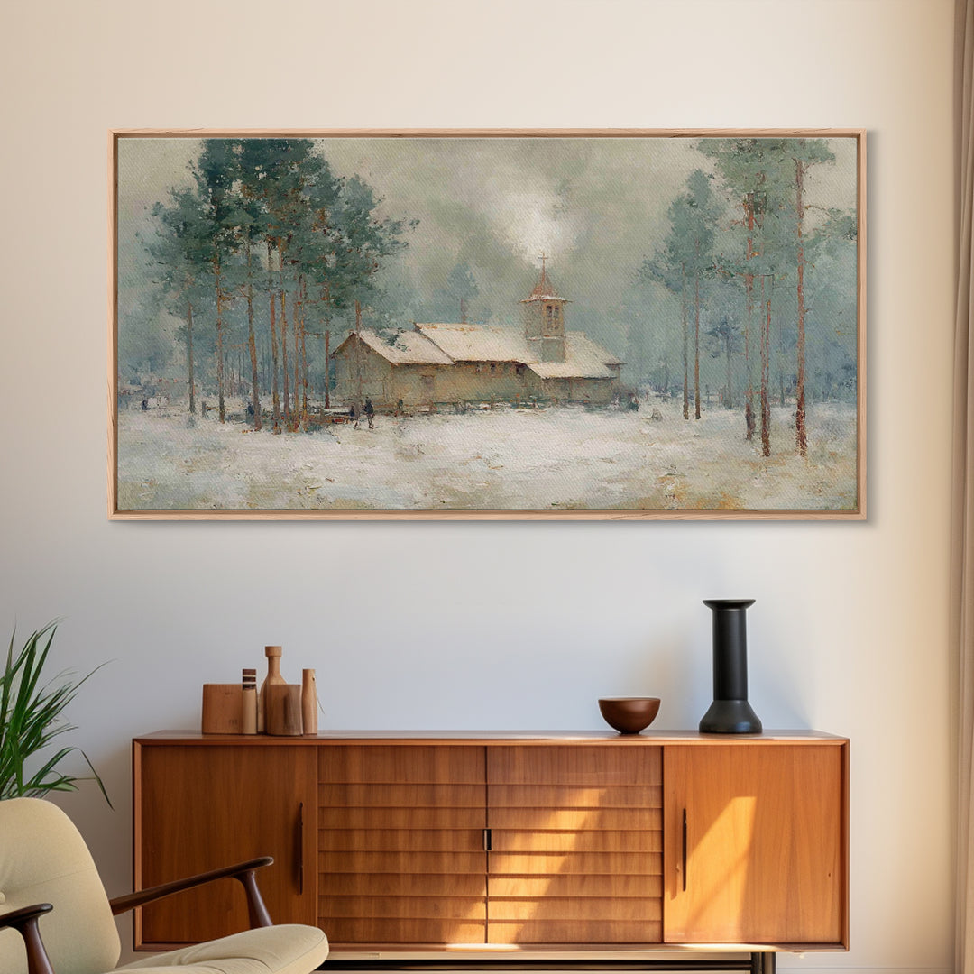 Snowy Pine Chapel | Framed Canvas Print | Christian Wall Art | Christmas Canvas Wall Art | Christian Art Gift | Winter Christian Art