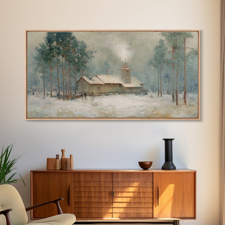 Snowy Pine Chapel | Framed Canvas Print | Christian Wall Art | Christmas Canvas Wall Art | Christian Art Gift | Winter Christian Art