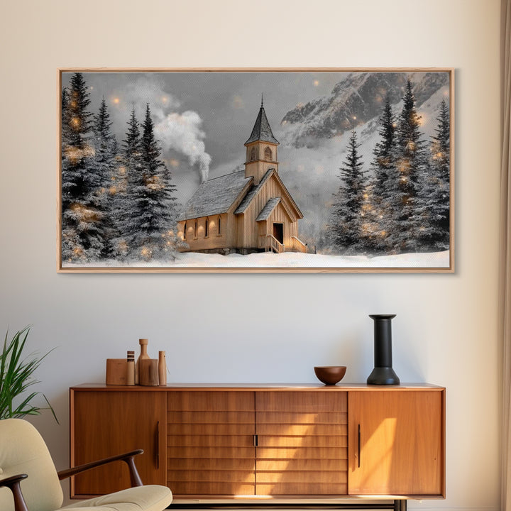 Mountain Chapel Glow - Framed Canvas Print - Christian Wall Art - Christian Christmas Art - Christmas Wall Art - Christian Decor