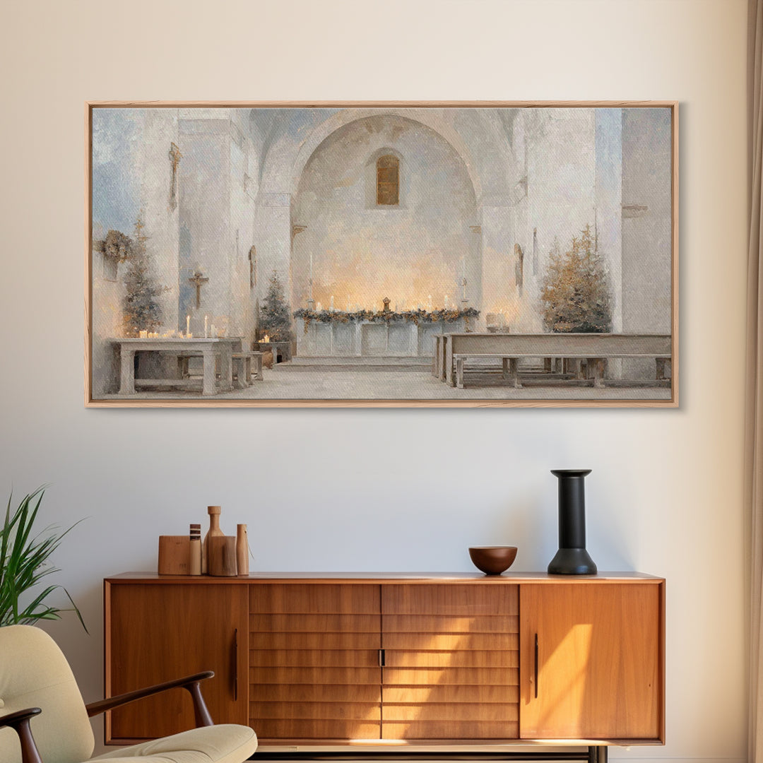 Winter Chapel Light – Framed Canvas Print – Christian Wall Art – Christian Art Canvas – Christmas Art – Christian Christmas Decor – Unique