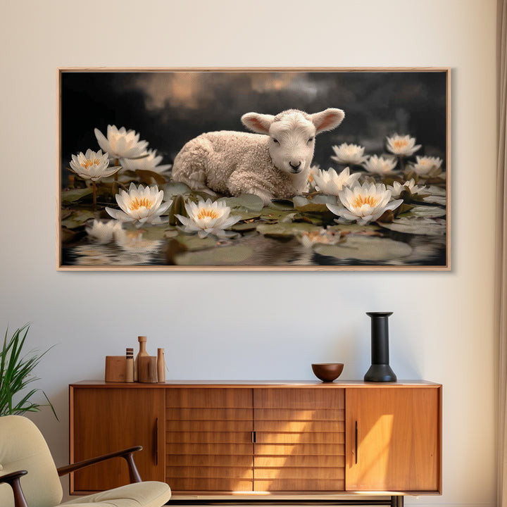 Still Waters Lamb – Framed Canvas Print – Christian Art Print – Christian Wall Art – Christian Art Canvas – Vintage Christian Art – Christi