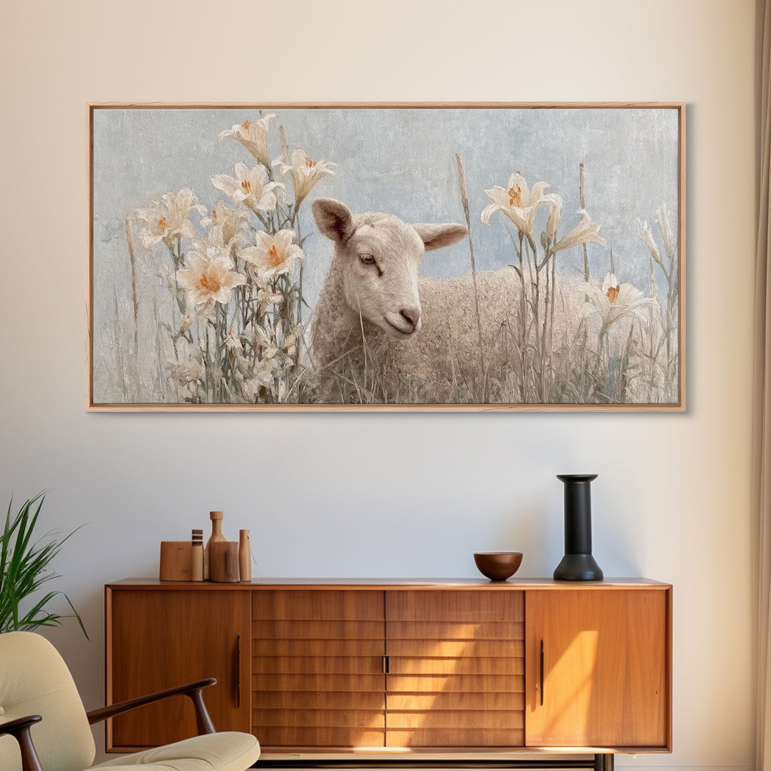 Morning Lily Lamb – Framed Canvas Print – Christian Art Canvas – Christian Art Print – Christian Wall Art – Subtle Christian Art – Christia
