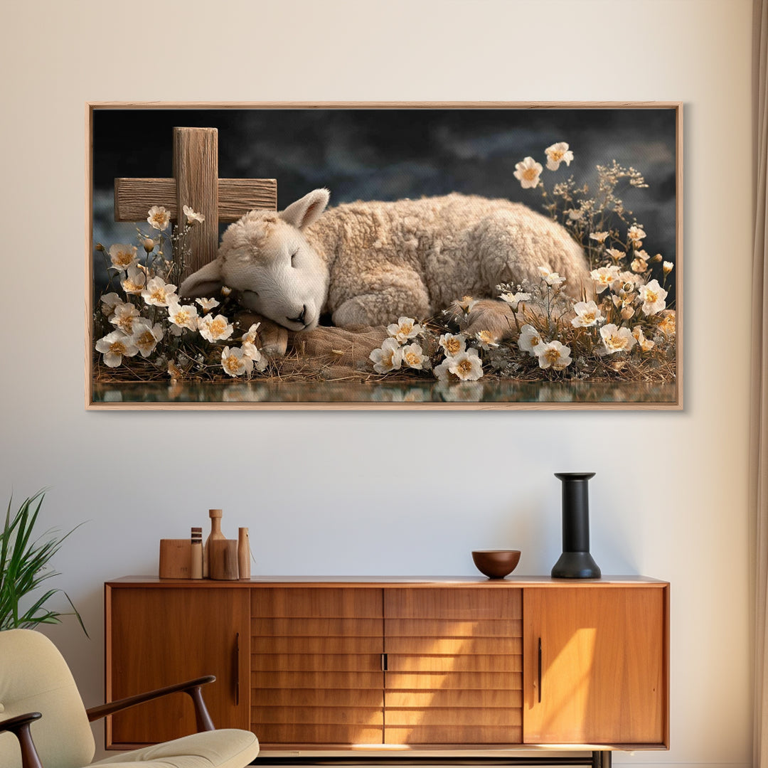 Heavenly Lamb – Framed Canvas Print – Christian Wall Art – Christian Art Canvas – Jesus Painting – Pastoral Scenery – Christian Christmas A