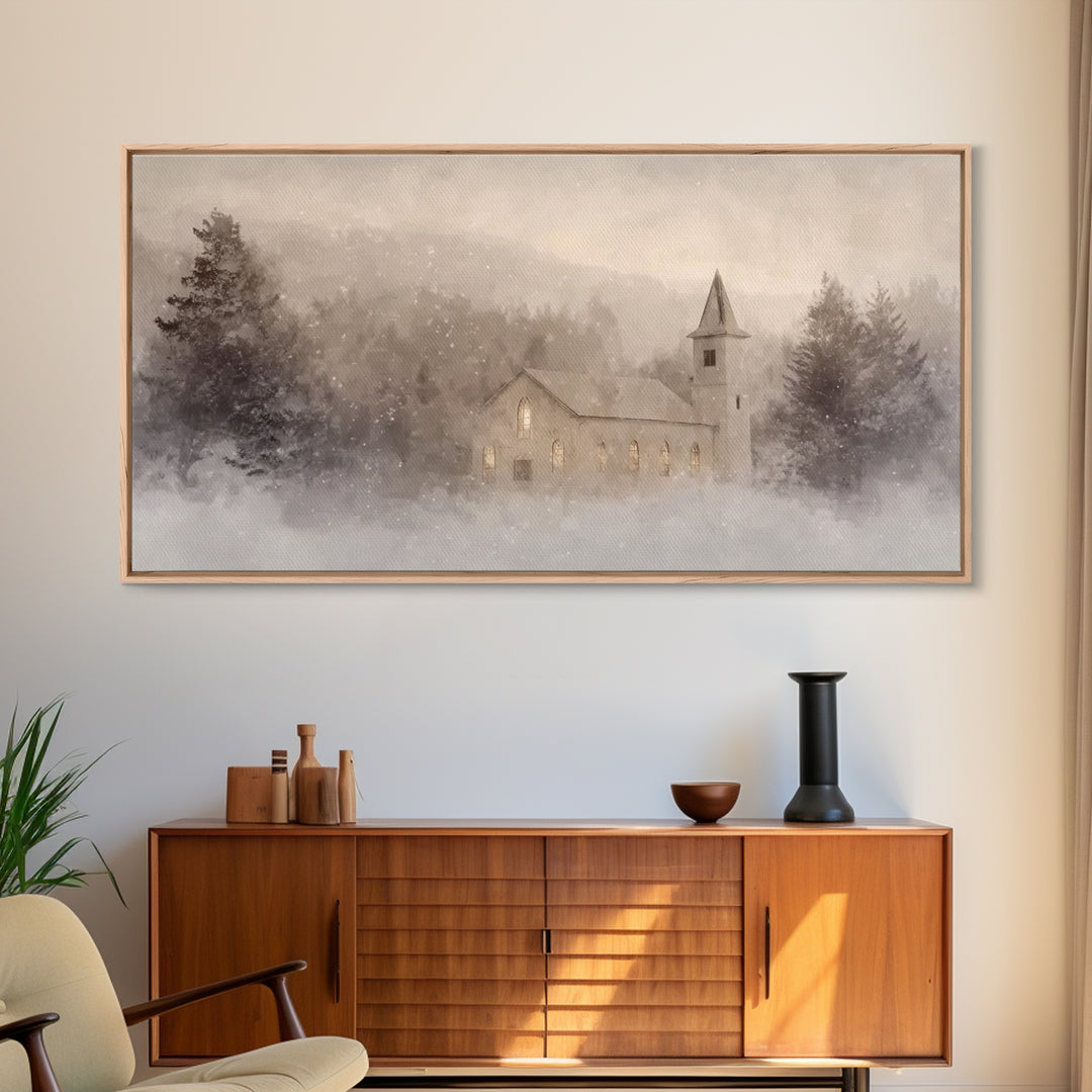 Snowy Chapel – Framed Canvas Print – Christian Christmas Art – Christian Art Canvas – Christmas Wall Art – Christian Paintings – Christian